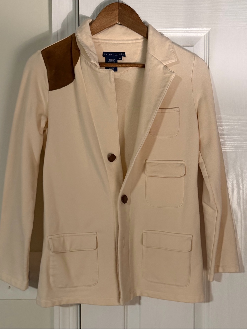 Ralph Lauren Blue Label Cream Knit Suede Patch Blazer Jacket M